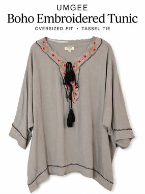 Umgee Boho Embroidered Gray Black Tunic Top Tassel Tie Raw Edge Oversized Medium